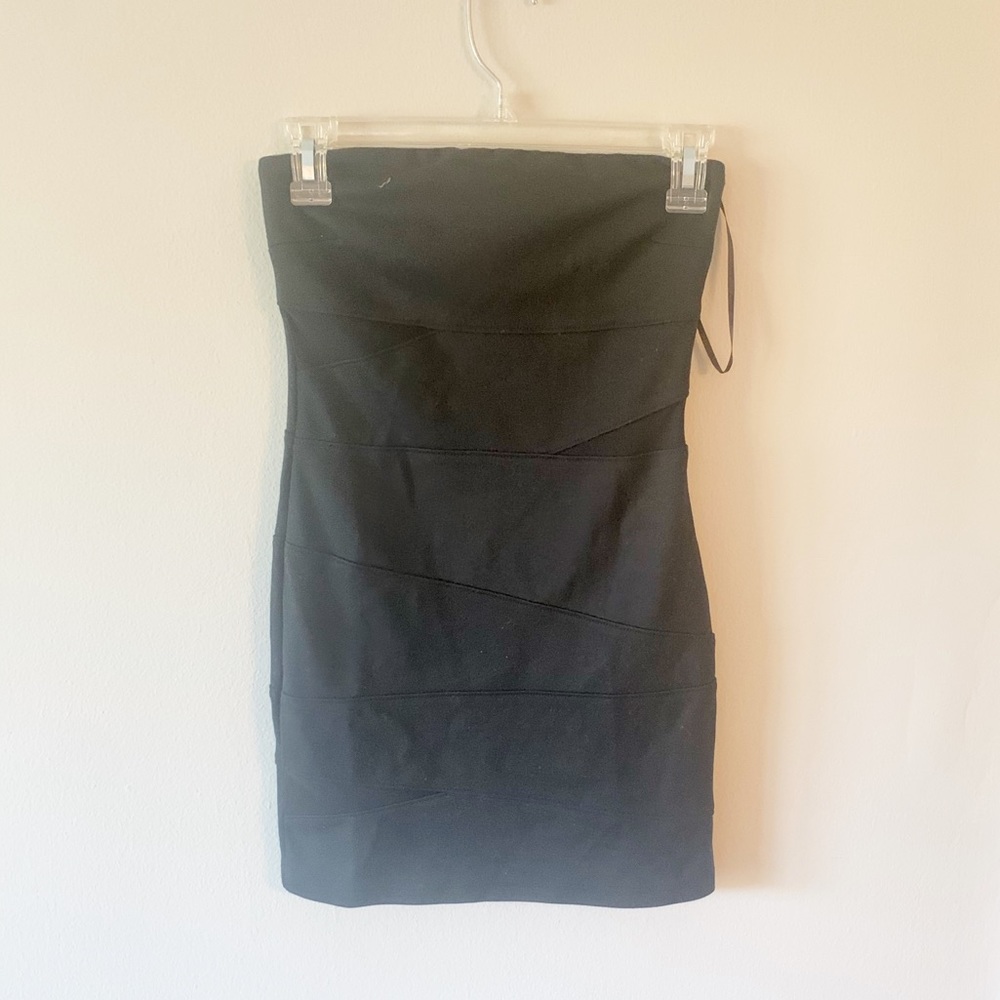 Worn ONCE, black tube dress with mesh inserts.
